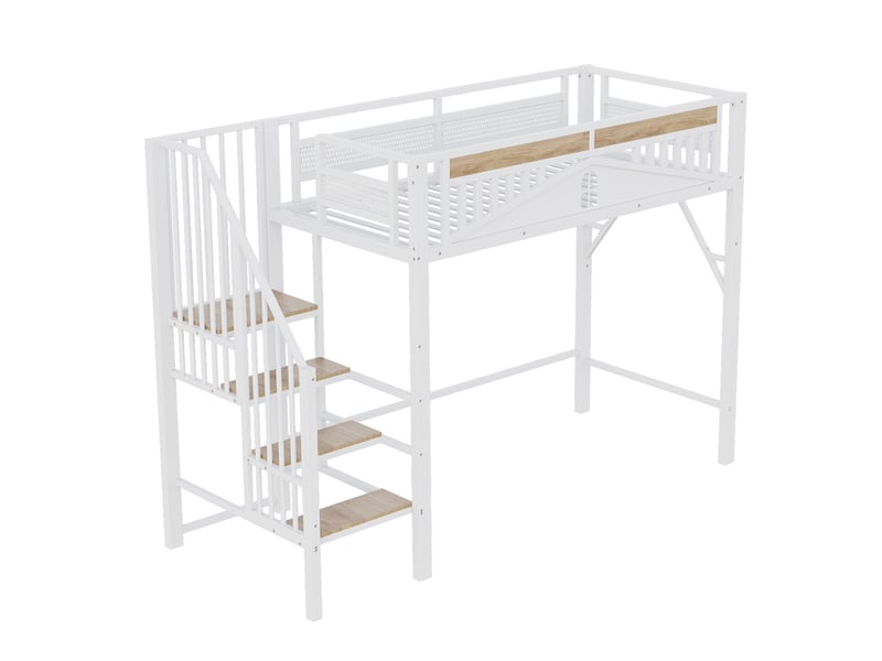 Lit mezzanine blanc 90x200 cm en métal, garde-corps motif fenêtre, échelle latérale et espace libre sous le couchage - Conforama D