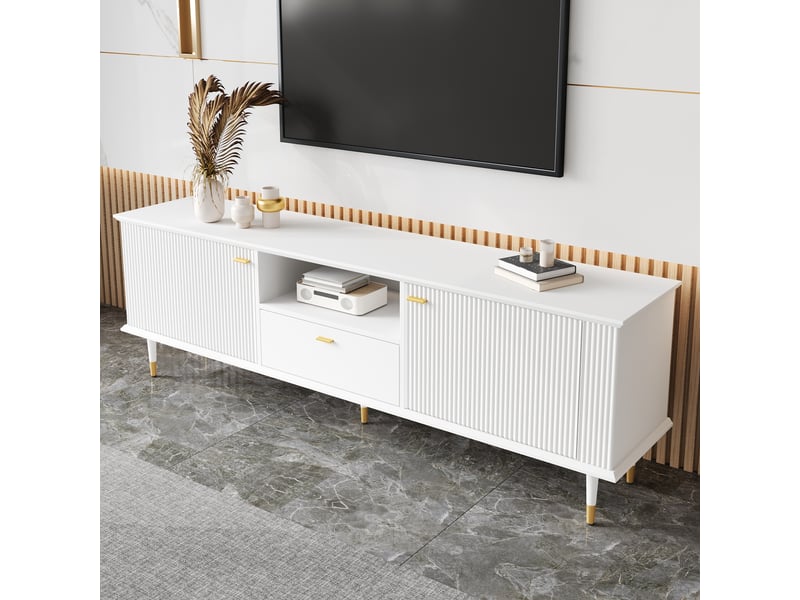 Meuble tv blanc 170 cm en mdf laqué avec portes, tiroir et pieds en métal doré  - Conforama R