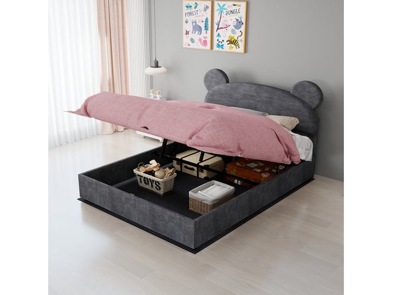  Lit enfant coffre 140x200 cm, tête à oreilles, grand rangement, avec matelas 23 cm, velours et métal gris  - Conforama B