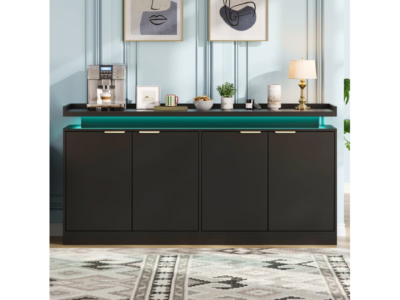  Buffet bas 4 portes avec éclairage led rgb, mdf noir, 160 x 39 x 83 cm  - Conforama E