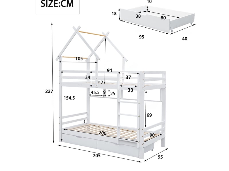  Lit superposé enfant maison 90x200 cm avec tiroirs, étagères et échelle, blanc  - Conforama C
