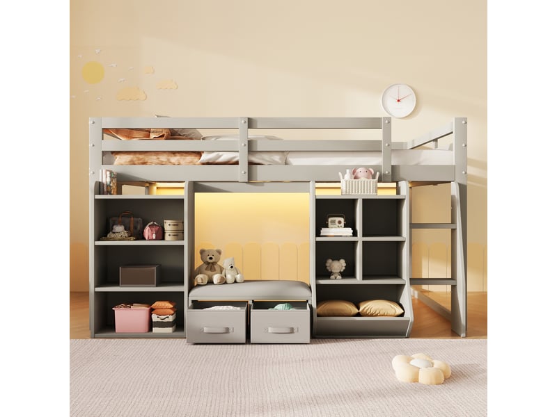  Lit mi-hauteur 140x200 cm avec étagères et 2 tiroirs en tissu, lit enfant avec coin lecture et coussin d'assise, gain de place en pin et mdf gris  - Conforama C