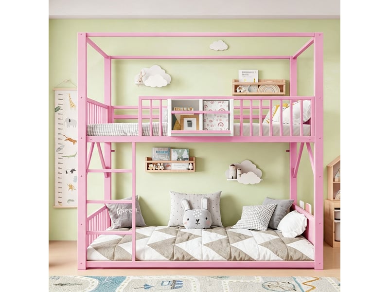 Lit superposé métal 90x200 cm pour enfant et ado, structure simple gain de place avec toit, lit superposé moderne rose - Conforama D