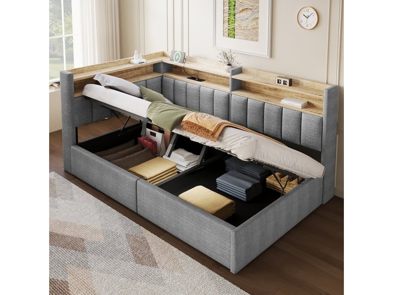  Lit coffre hydraulique 90x200 cm avec led, usb-a et usb-c et tête réversible, velours gris, sans matelas  - Conforama R