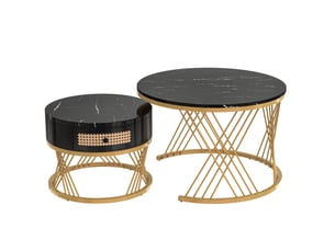 Table basse ronde 2-en-1 70x70-50x50 cm, plateau effet marbre, tiroirs rotin, poignées bois, pieds dorés, mdf noir