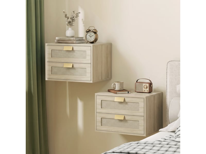  Lot de 2 tables de chevet murales, tables de nuit suspendues avec 2 tiroirs et plateau à effet rotin, chêne  - Conforama C