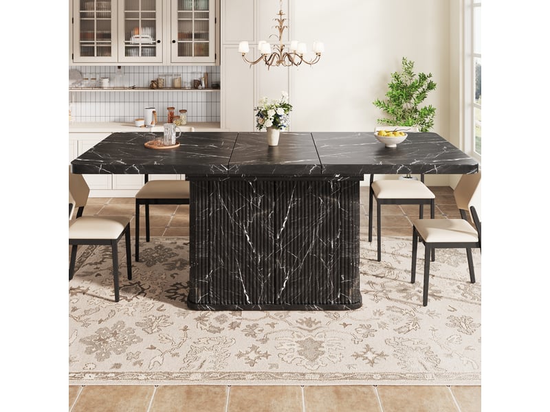  Table à manger extensible 140-180 x 80 x 76,5 cm avec rangement caché et piètement à relief vertical, mdf et métal, noir OMNIGLINT TRADING LTD - Conforama B