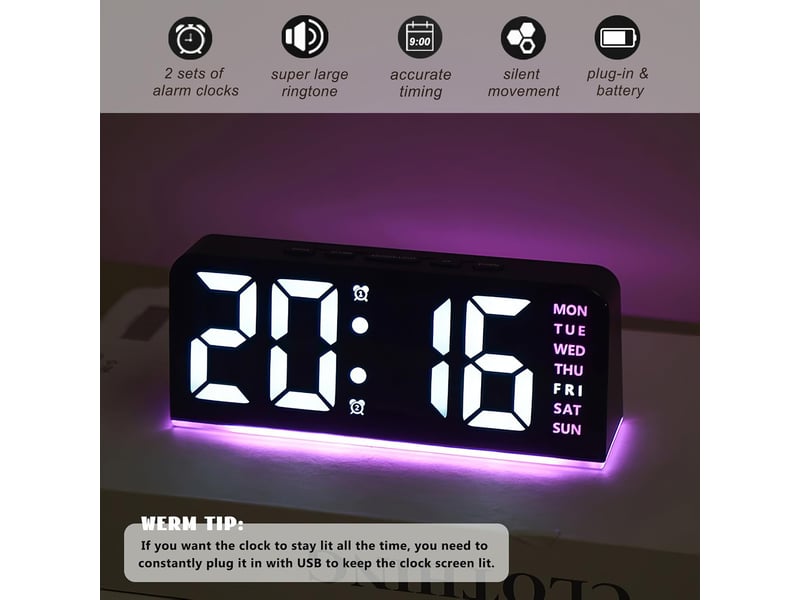  Réveil numérique, réveil led, avec veilleuse, quatre niveaux de luminosité réglables, horloge de chevet avec affichage de la semaine (rose)  - Conforama B