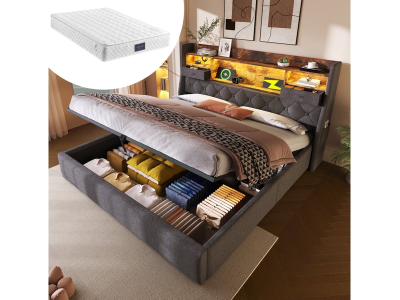  Lit coffre 140 x 200 cm avec matelas, led et ports usbtype-c gris  - Conforama C
