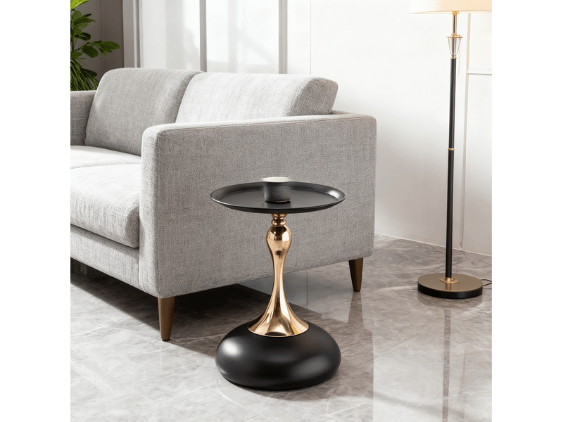 Table d’appoint ronde avec plateau et base en métal, format compact pour salon, chambre ou bureau, noir et doré - Conforama D