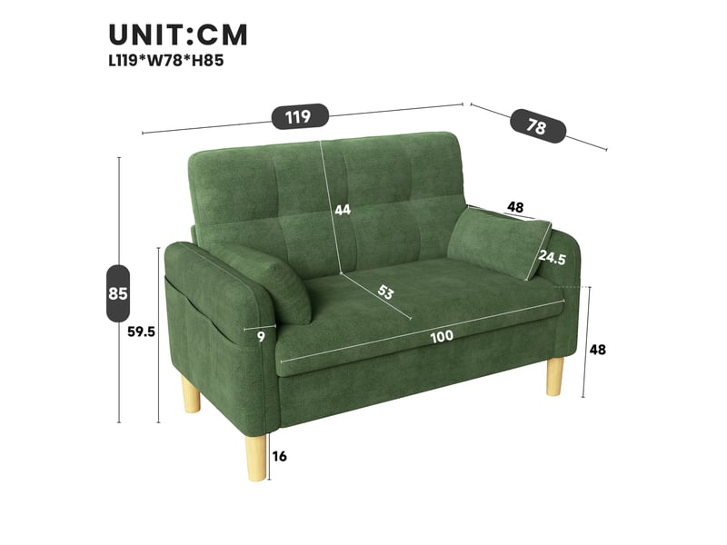 Canapé droit 2 places avec coussins amovibles et poche latérale, en chenille vert, 119 × 78 × 85 cm - Conforama C