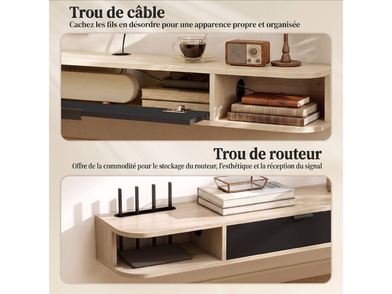  Meuble tv suspendu, meuble télé pour téléviseur jusqu'à 60 pouces, tiroir rabattable 2 étagères 140x24x16cm bois naturel  - Conforama R