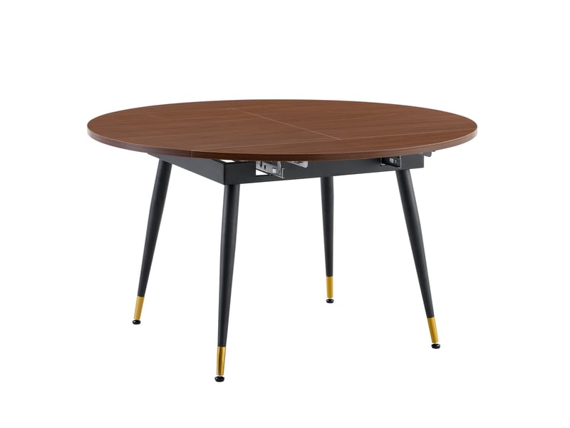 Table à manger extensible, table ronde à ovale, table salon design, plateau mdf, finition noyer, pieds métal dorés - Conforama A