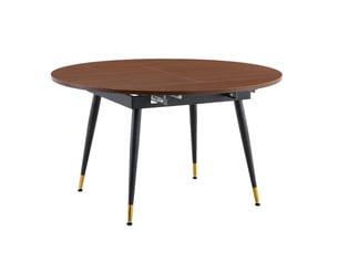 Table à manger extensible, table ronde à ovale, table salon design, plateau mdf, finition noyer, pieds métal dorés