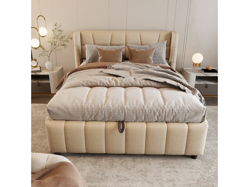  Lit coffre 140 × 200 cm en tissu effet lin beige, tête enveloppante IKSETERA TRADING LTD - Conforama D