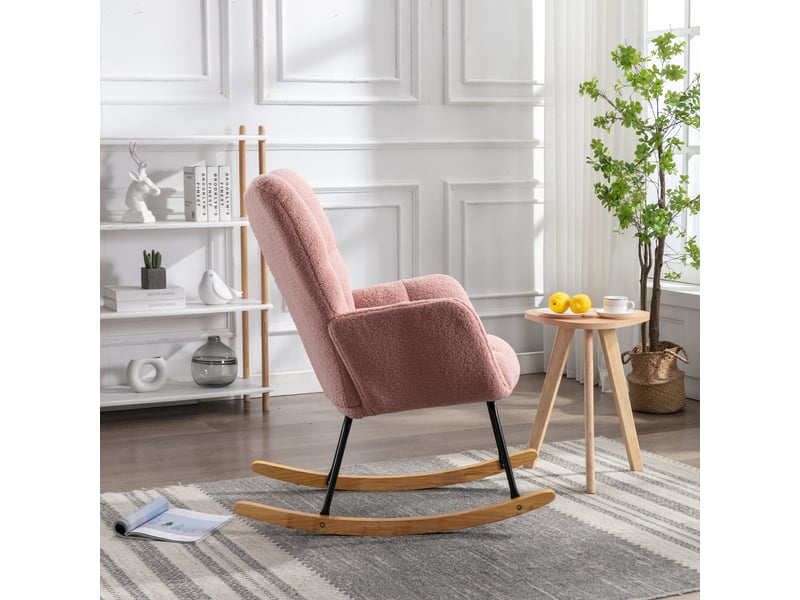  Fauteuil à bascule rose en tissu teddy avec dossier capitonné, pieds en bois et cadre en métal, 80x70x95 cm  - Conforama E