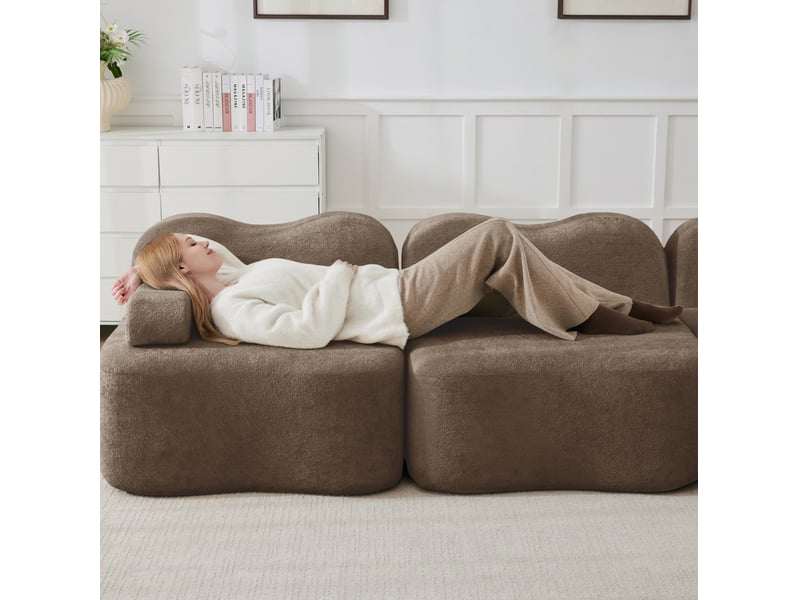  Canapé droit modulaire 3 places en velours marron, forme ondulée et assise profonde pour le salon familial  - Conforama D