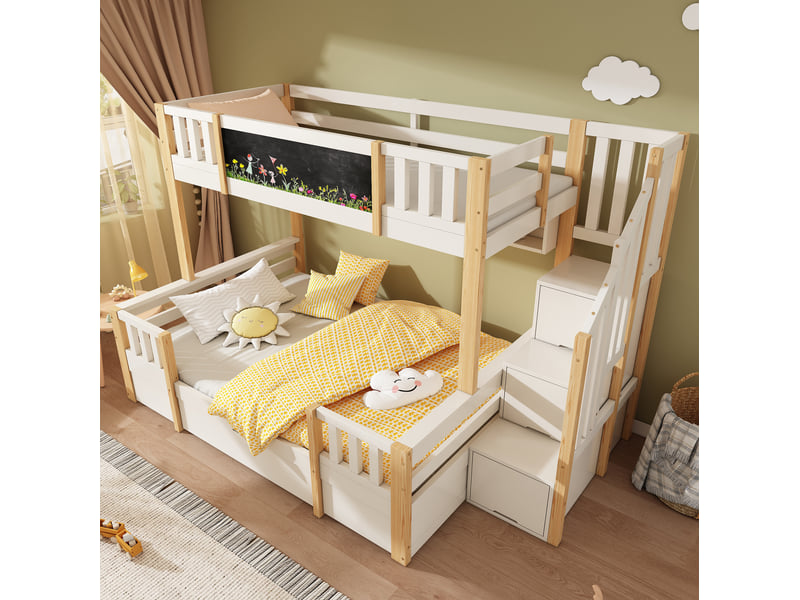  Lit superposé 3 places 90x200 et 140x200 cm avec ardoise, escalier de rangement, tiroirs, bois et mdf blanc et naturel sans matelas  - Conforama B