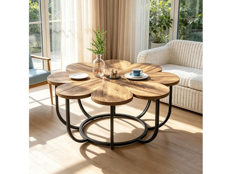Table basse ronde en forme de fleur 100 cm, bois et métal noir et marron, pieds réglables pour le salon - Conforama B