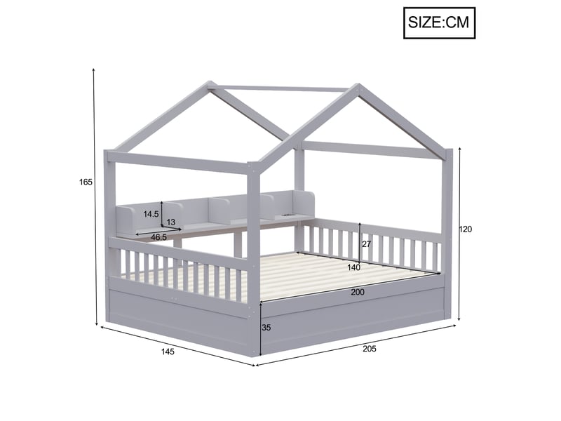  Lit cabane 140 x 200 cm, coffre hydraulique, barrières, étagères, led, 2 prises et 2 ports usb, sommier inclus, structure en pin et mdf, gris Luxe haut de gamme - Conforama C
