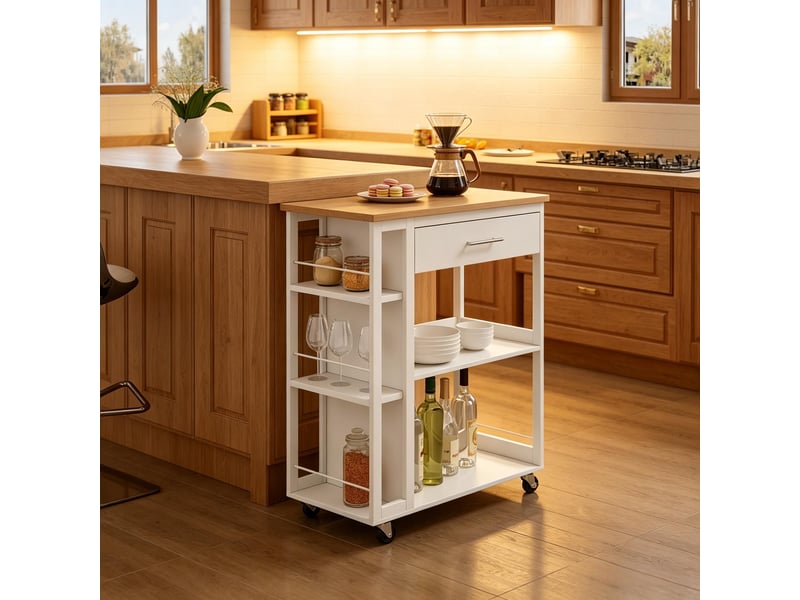  Chariot de cuisine à roulettes desserte en mdf blanc et bois avec tiroir et étagères 73x38x88 cm  - Conforama E