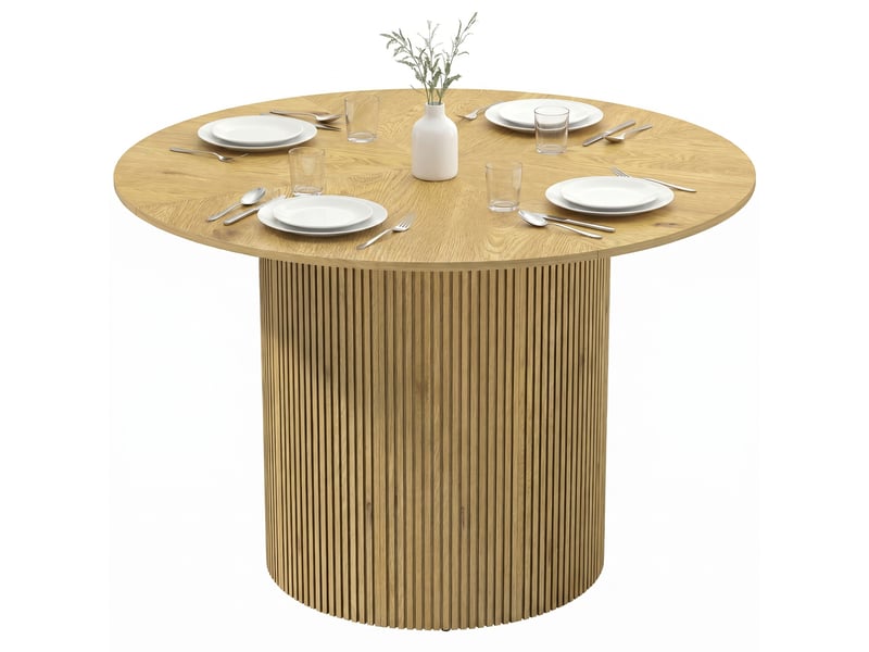  Table de salle à manger ronde moderne pour 4 à 6 personnes, table de cuisine de 110 cm avec piètement cylindrique rainuré, chêne  - Conforama B