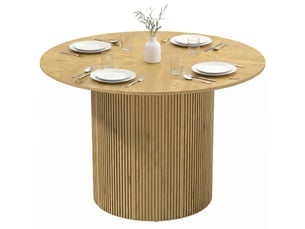Table de salle à manger ronde moderne pour 4 à 6 personnes, table de cuisine de 110 cm avec piètement cylindrique rainuré, chêne