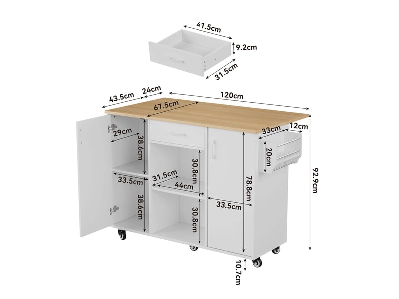  Desserte de cuisine 120 x 43,5 x 92,9 cm blanc et naturel en mdf, plateau rabattable et rangement mobile  - Conforama C