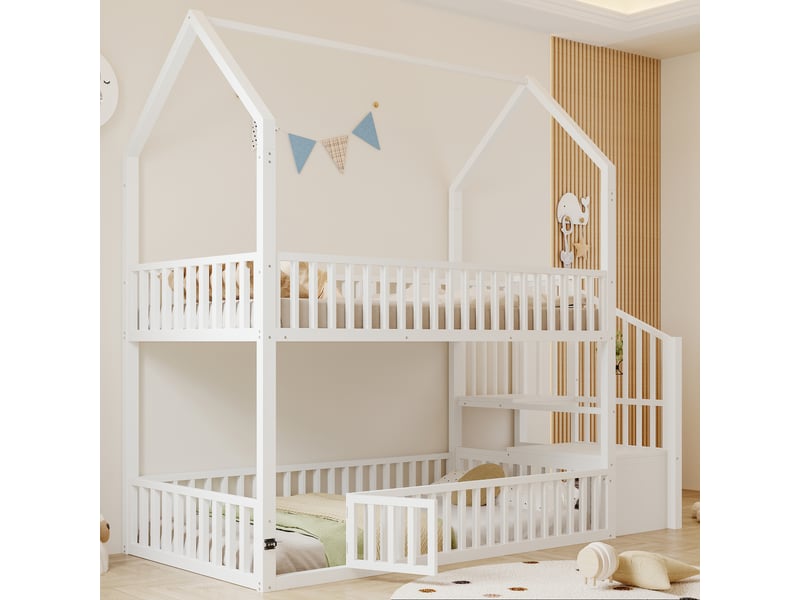  Lit superposé cabane enfant 90 x 200 cm avec escalier de rangement, garde-corps et petite porte sur le lit inférieur en métal blanc sans matelas  - Conforama R