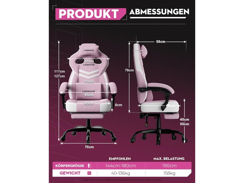 Gtplayer chaise de jeu en tissu avec accoudoirs synchronisés, inclinaison de 90-155° et repose-pieds - rose - double ligne LR408-PK-DL-FA - Conforama B