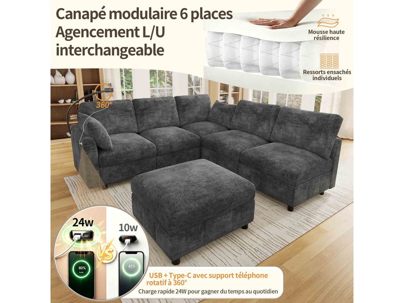  Canapé d'angle modulable 6 places 218x157x85 cm en chenille avec pouf, convertible, usb type-c, support téléphone ul pour salon - gris  - Conforama E