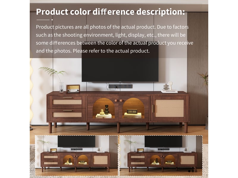  Meuble tv de 180 cm avec éclairage led, rangement 2 tiroirs rotin et 3 portes dont 2 en verre cintré - mdf - brun  - Conforama D
