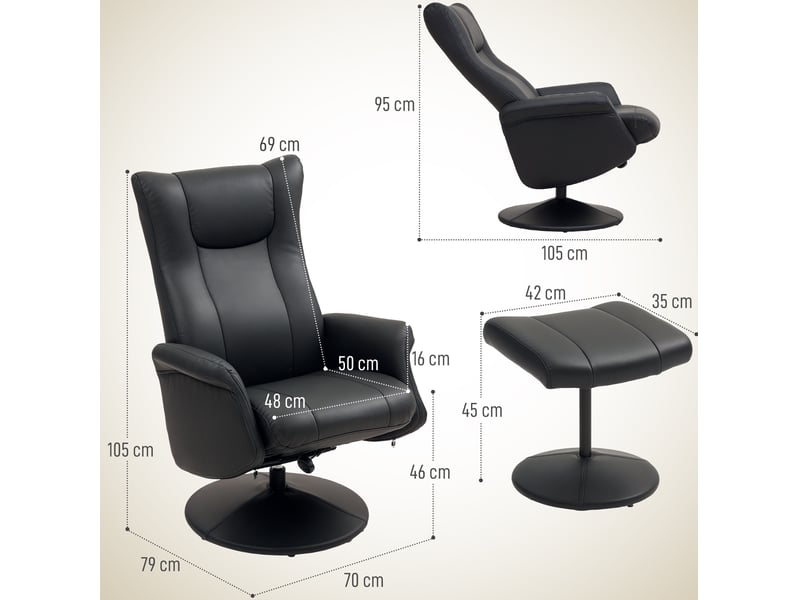  Fauteuil relax inclinable 360° noir en similicuir avec repose-pieds  - Conforama C