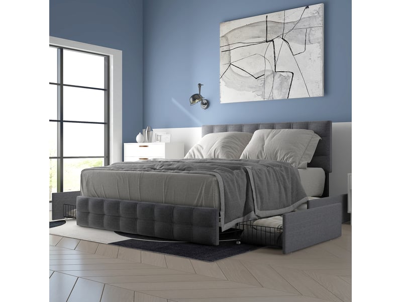  Lit coffre 140x200 cm avec 4 tiroirs, tête de lit réglable, gris en lin  - Conforama E