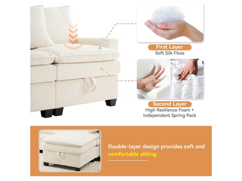  Canapé modulable 5 places en velours côtelé beige, 2 poufs amovibles, usb, rangements, 280×151×82 cm  - Conforama D