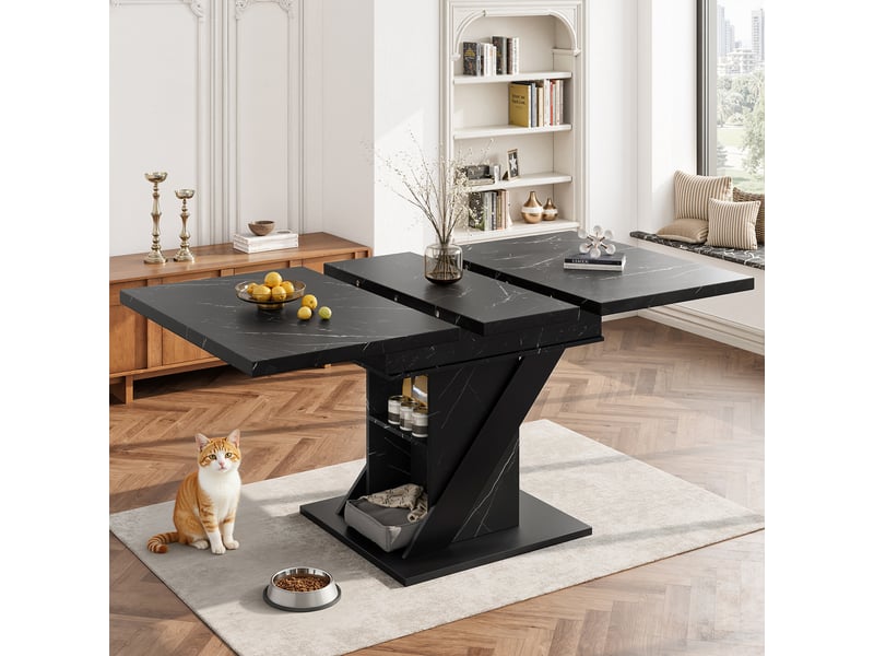 Table à manger rectangulaire extensible 110-140 x 80 cm, plateau mdf effet marbre noir, piètement robuste, design moderne et minimaliste - Conforama B