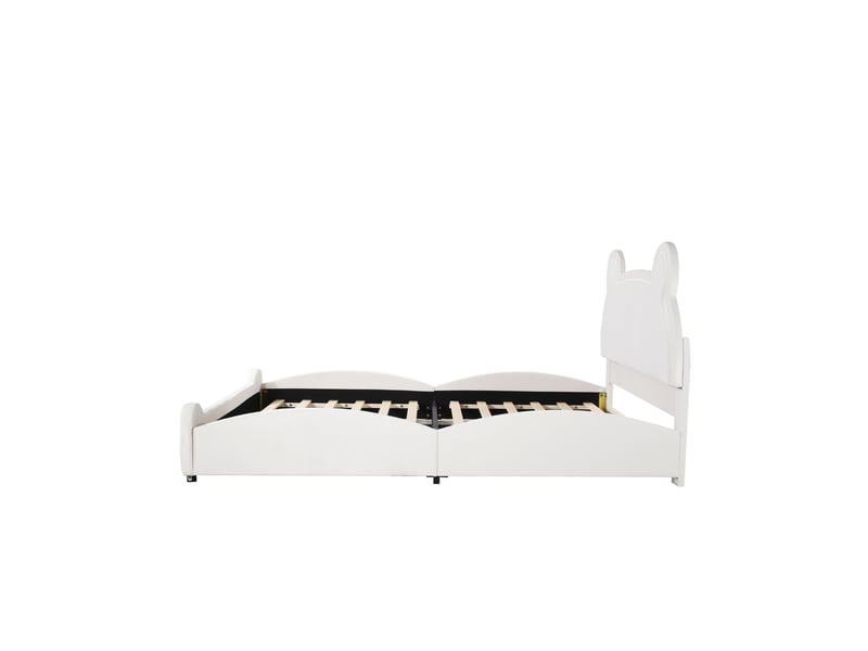  Lit enfant 140x200 cm en velours blanc, tête de lit forme ours et sommier à lattes  - Conforama D