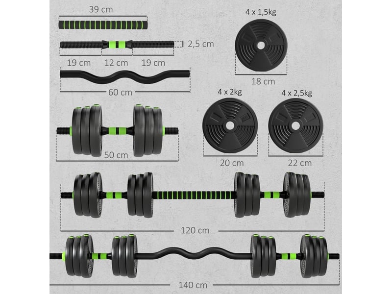 Set d'haltères réglable de musculation 25 kg 3 en 1, 140x22x22 cm – vert – avec barres droite et ez - Conforama C