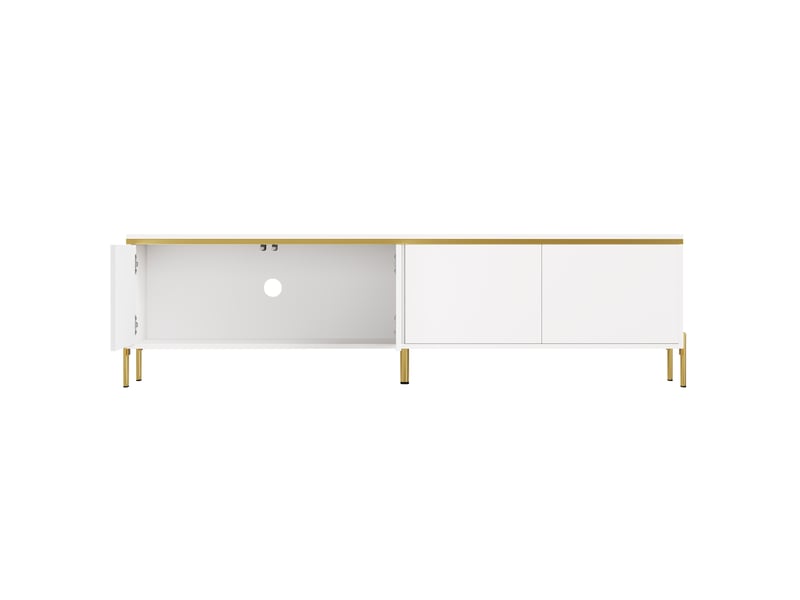  Meuble tv blanc brillant 170 cm avec 4 portes et pieds en métal doré  - Conforama E