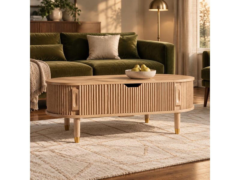  Table basse ovale avec plateau relevable hydraulique, rangement et portes coulissantes, mdf finition bois clair vintage  - Conforama B