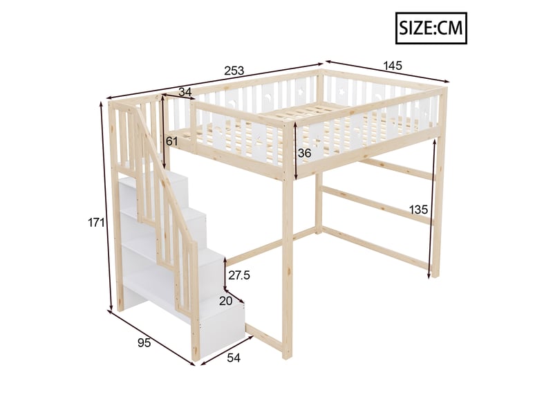  Lit mezzanine enfant 140 x 200 cm avec escalier, étagères et motifs étoile lune  - Conforama C