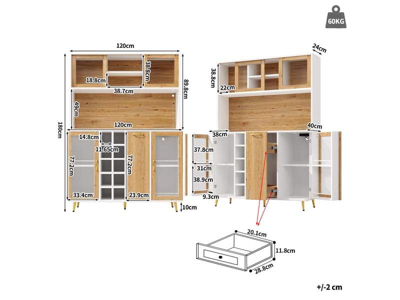  Buffet de cuisine blanc et décor bois, 120x40x180 cm, mdf, led, prise intégrée, casier à bouteilles et rangements  - Conforama B