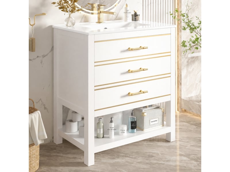 Meuble vasque blanc 76 cm avec lavabo en céramique, 2 tiroirs, niche ouverte et poignées dorées - Conforama E
