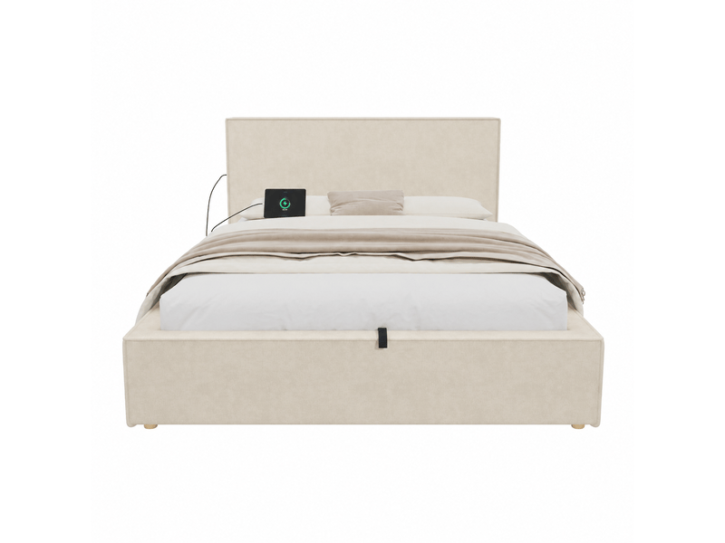 Lit coffre enfant 120x200cm avec rangement hydraulique, sommier à lattes et tête de lit rembourrée, chenille, beige evarich - Conforama A