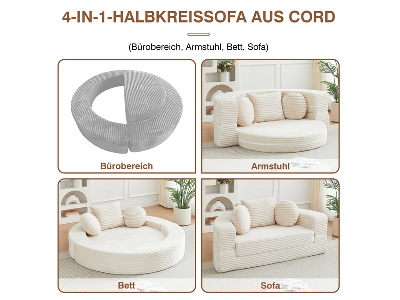  Canapé-lit convertible 4-en-1 modenvie en velours côtelé beige avec deux coussins ronds et un coussin carré  - Conforama D