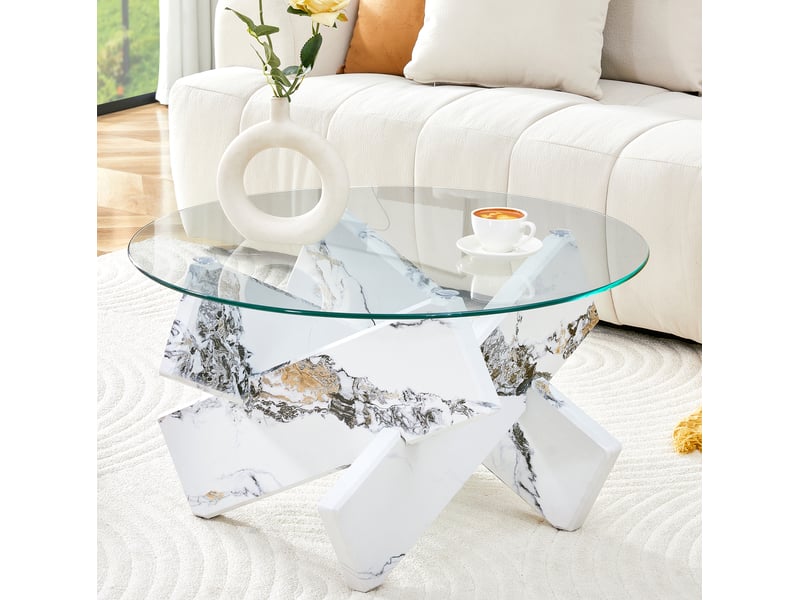  Table basse ronde à support croisé diamètre 79 cm, hauteur 45 cm en mdf et verre blanc transparent  - Conforama D