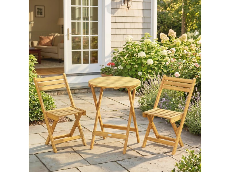 Ensemble de bistrot 3 pièces pliable en bois d'acacia avec table ronde et 2 chaises, san montage, 60x60x75cm, naturel  - Conforama C