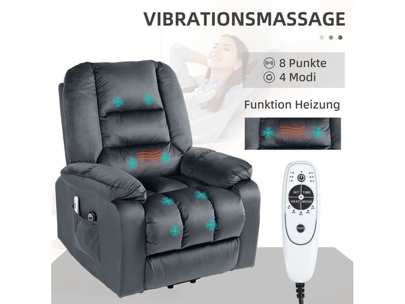  Fauteuil releveur électrique gris avec massage vibrant, chaleur lombaire, inclinaison 135° et repose-pieds  - Conforama D