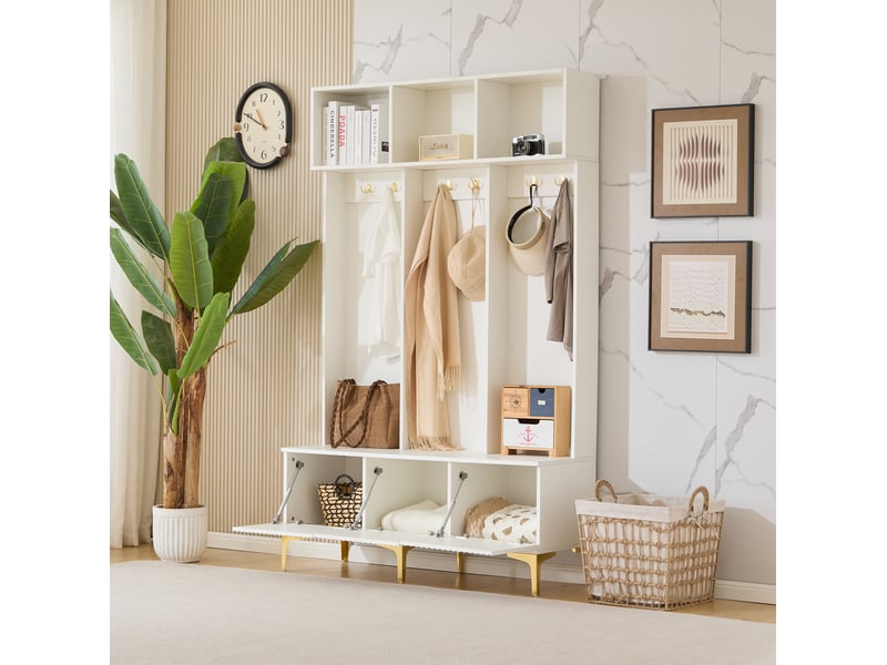 Meubles d'entrée avec banc coffre, rangements ouverts et 6 crochets dorés, pour couloir, blanc, 120 × 40 × 191 cm - Conforama B