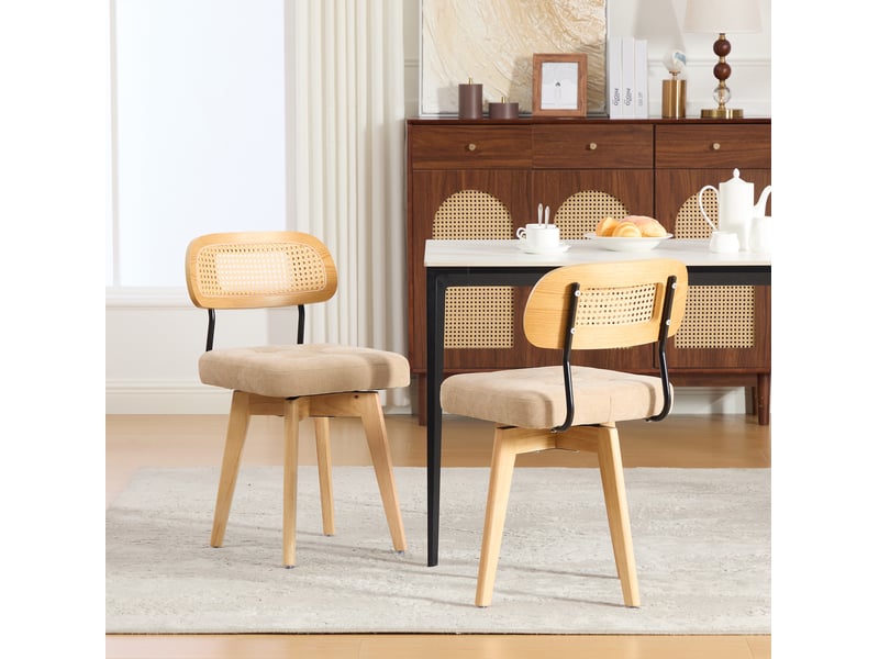  Chaise de salle à manger, lot de 2, pivotante à 360 degrés, dossier en rotin tressé, assise en chenille kaki  - Conforama B